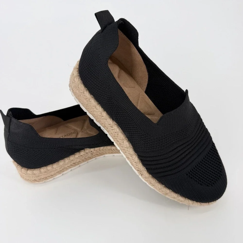 Adrienne Vittadini Knit Espadrille Slip On Flats Black Women's 6.5 Travel